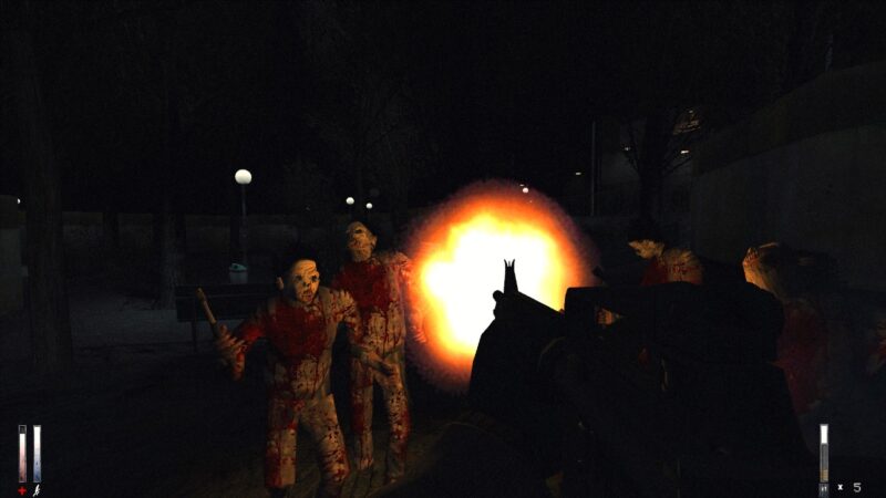 Screenshot from Cry of Fear. The image shows a rifle being shot at multiple humanoid figures with misshapen faces.