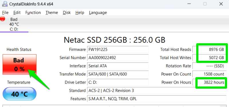 CrystalDiskInfo Interface showing bad storage health