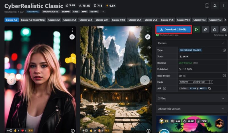 A screenshot from the website CIVIT.AI, showing examples of AI-generated images using Stable Diffusion, including a mountain temple anda young woman with blonde hair.