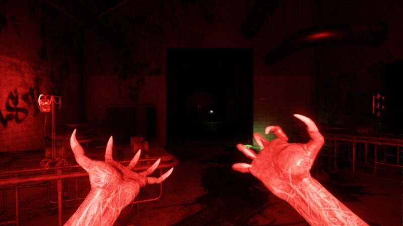 A screenshot from the game Deceit on Steam. It shows a room bathed in red light, with the player's hands transformed into bloodied hands with claws.