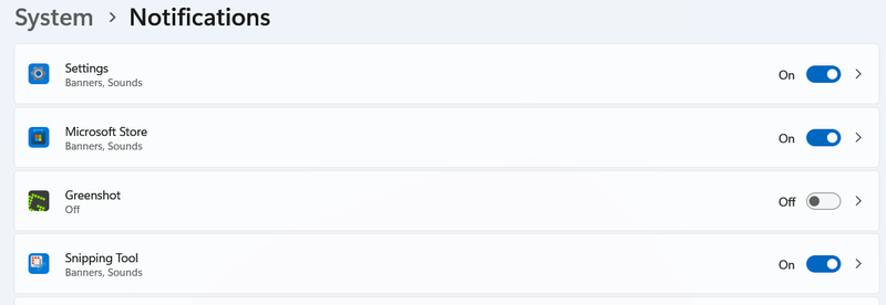 Windows notifications settings