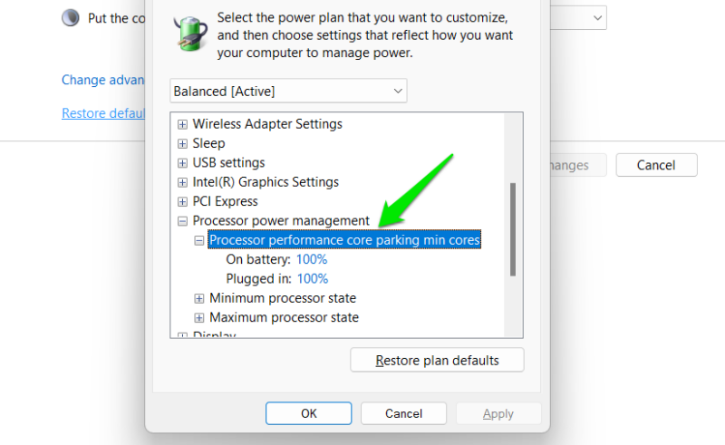 Windows power options power management section