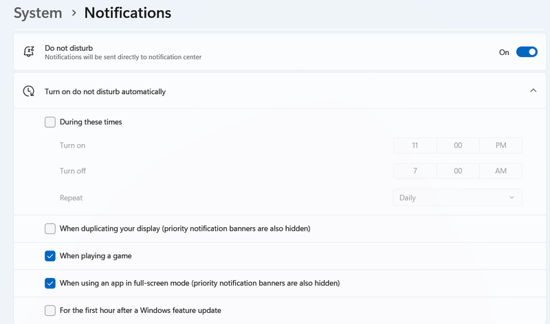 Do Not Disturn Mode in Windows Settings