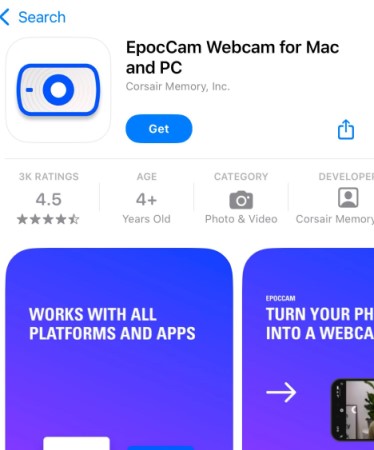 A screenshot of the EpocCam app on  the iOS App Store.