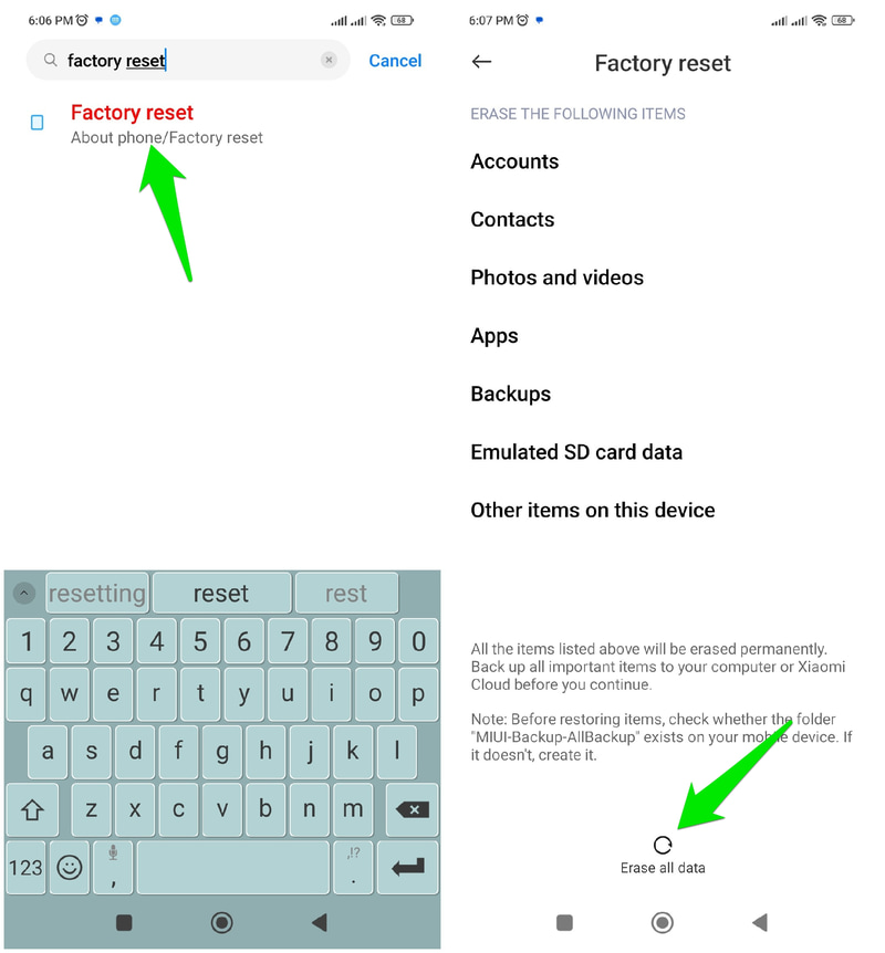 Android factory reset page