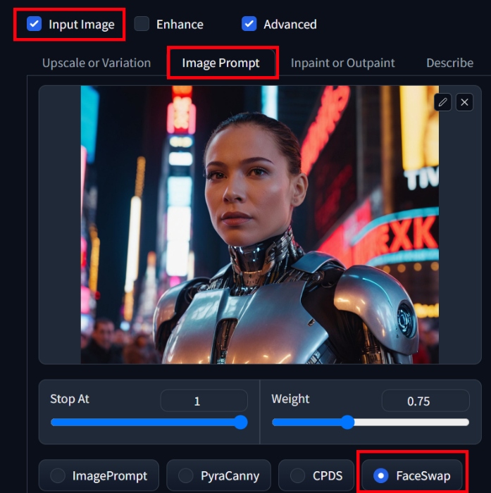 A screenshot from the Foocus AI image generator, showing a futuristic cyborg woman's image being FaceSwapped in the software's settings.