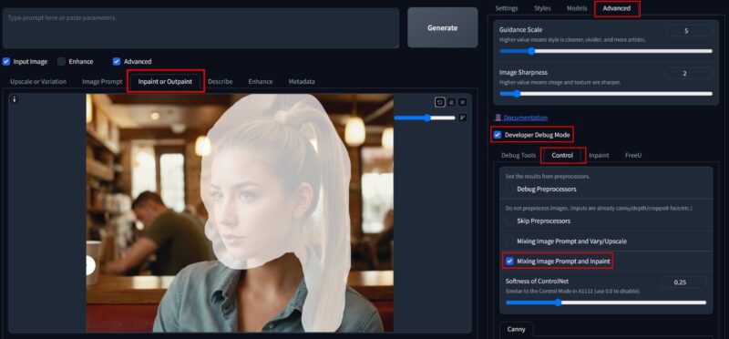 A screenshot showing the inpainting feature of the Fooocus AI image generator, where the face and hair of an AI-generated model are highlighted to be swapped out.