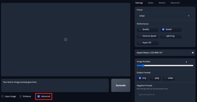 A screenshot showing the Fooocus UI workflow of Stable Diffusion for image generation, and its advanced settings. 