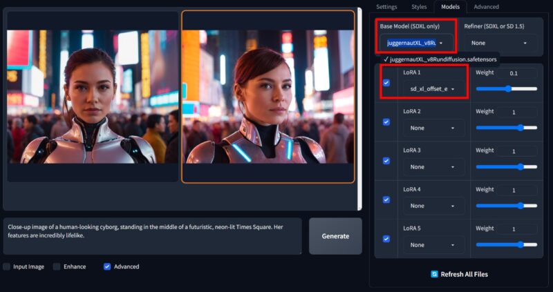An image showing two AI-generated images in Fooocus, showcasing a futuristic woman in a cyberpunk setting.