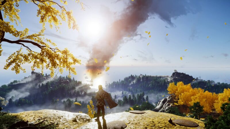 A screenshot from the game Ghost of Tsushima, showing a samurai standing on a hilltop with yellow leaves all around. 