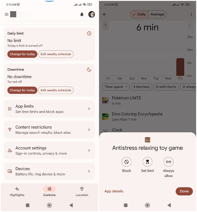 Google Family Link app showing app restriction menu