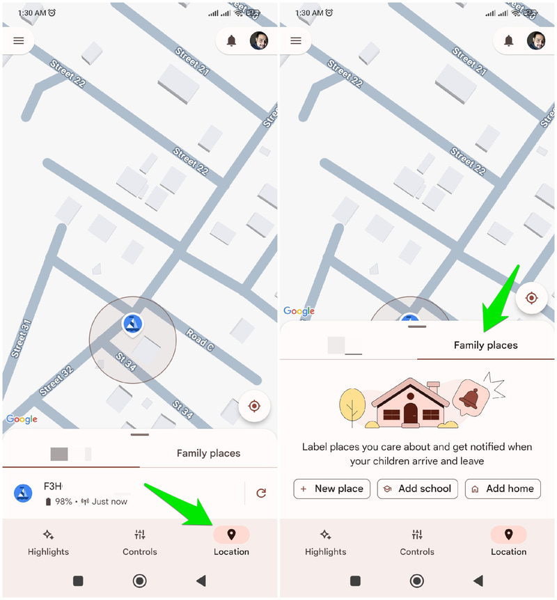 Google Family Link Location Tracking feature showing current location