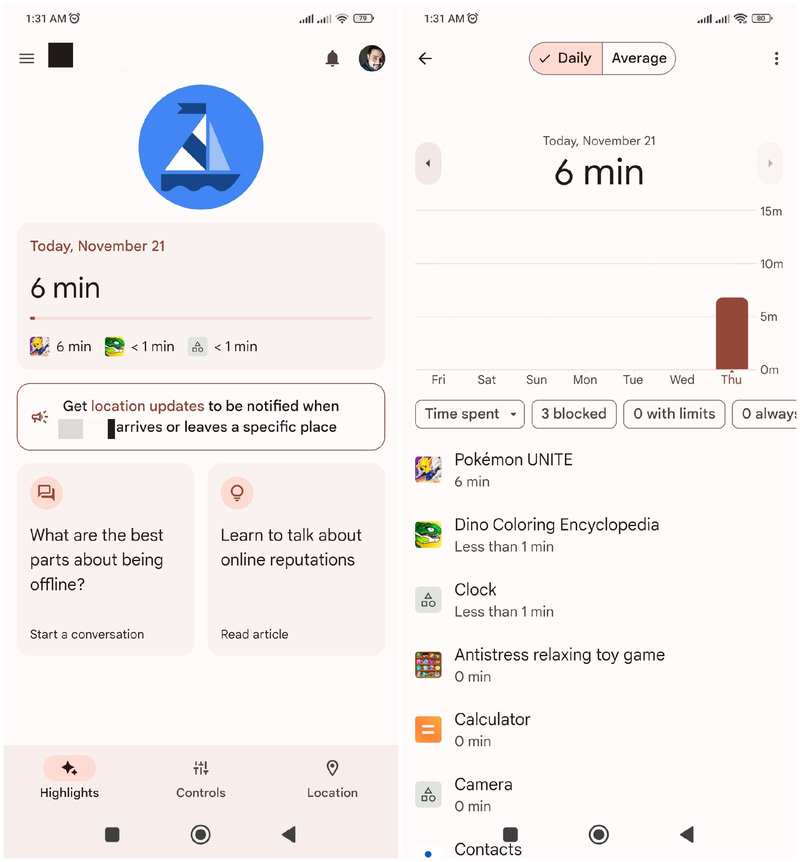 Usage report in Google Family Link showing todays usage