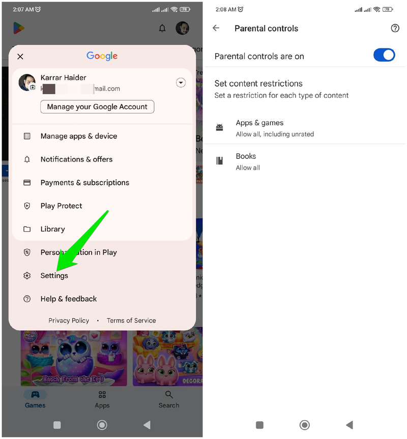 Google Playstore Parental Controls options showing enabled