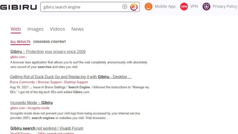 Searching all results on Gibiru.