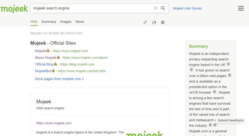 Searching with Mojeek.