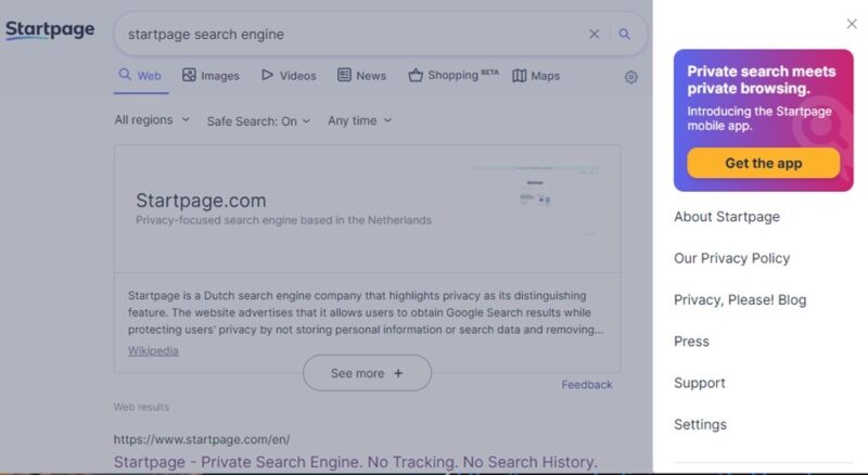 Startpage search results, showing Google search alternatives can still give you Google search results.