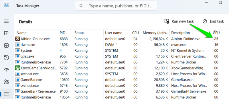 GPU usage column in Task Manager