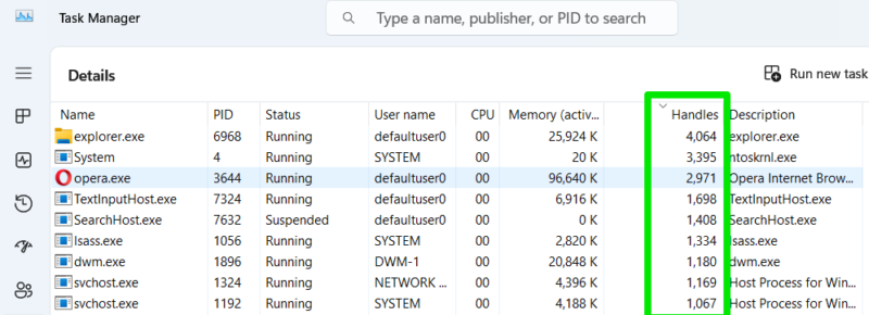Handles Column in Task Manager