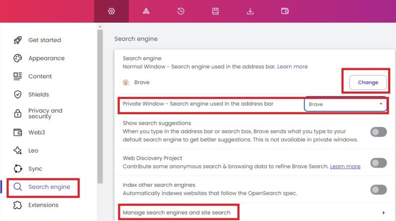 Changing search engines in Brave.