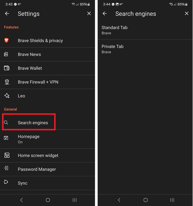 Changing search engines in Brave on Android.