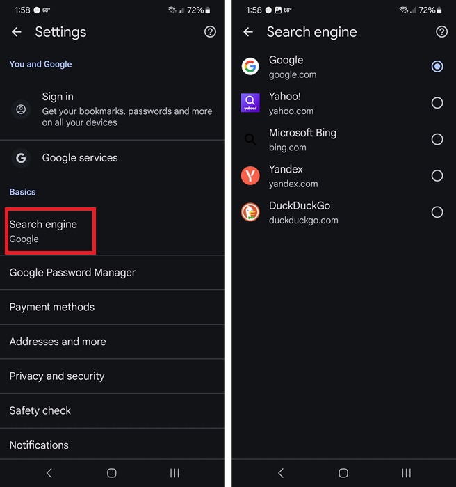 Changing the search engine in Chrome on Android.