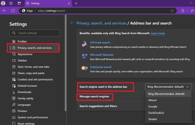 Managing search engines in Edge.