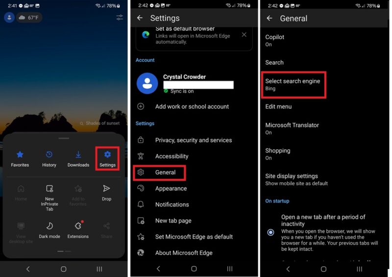 Changing the default search engine in the Android version of Edge.
