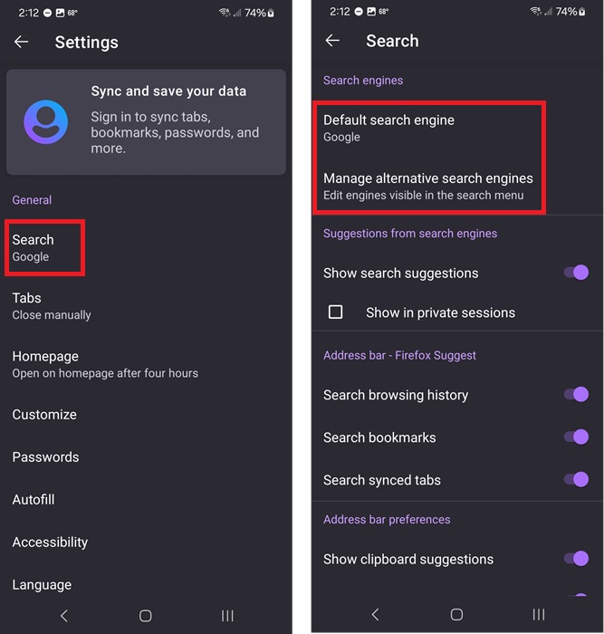 Changing the default search engine in Firefox on Android.