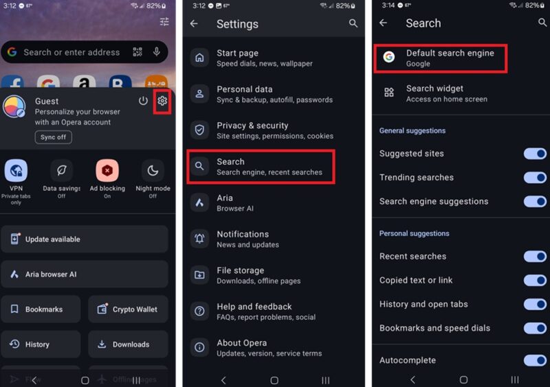 Changing Opera's default search engine in Android.