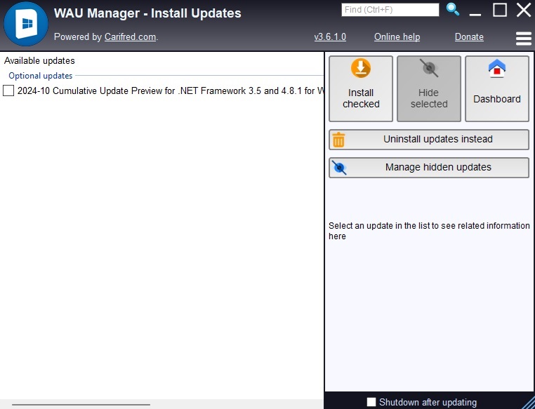 Hiding Windows updates using WAU Manager.