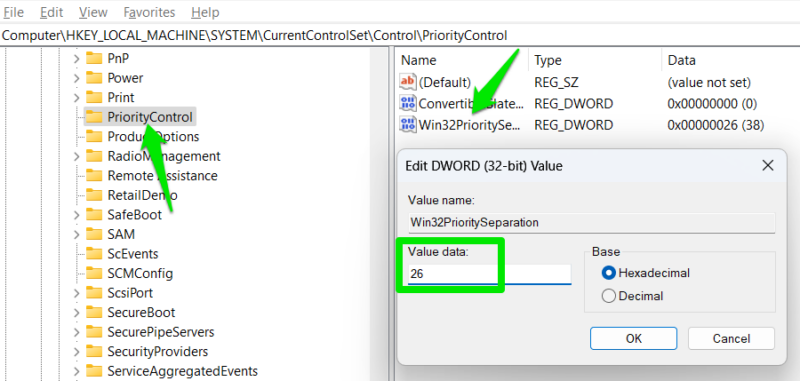 Win32priorityseparation key in Windows Registry