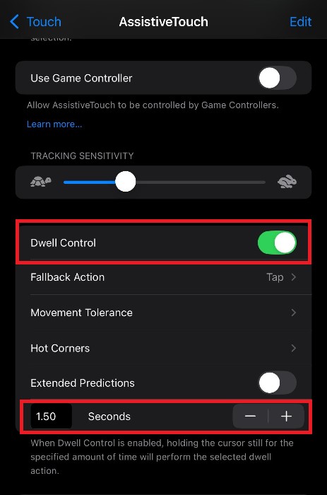 Screenshot of the iPhone's AssistiveTouch settings, highlighting Dwell Control.