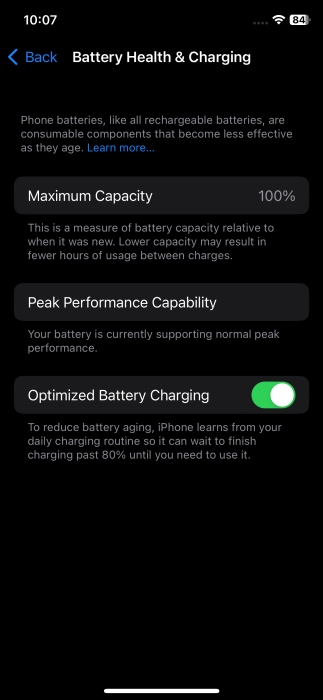 Checking out Battery Health & Charging section on iPhone.
