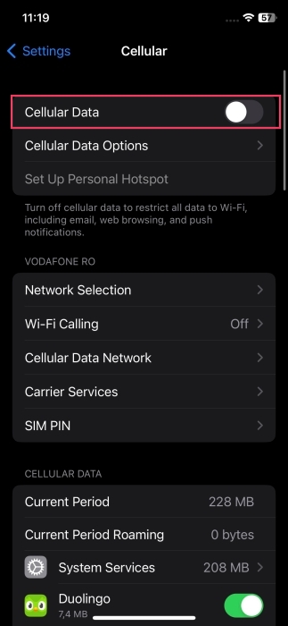 Disabling cellular data on iPhone.