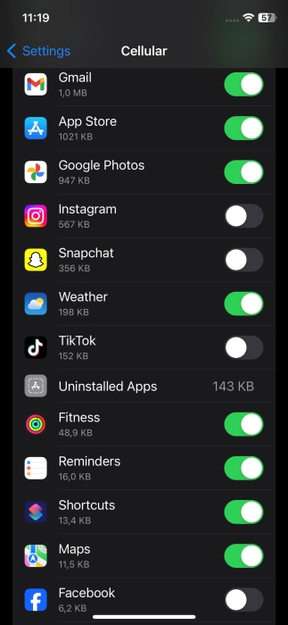 Disabling cellular for select apps on iPhone.