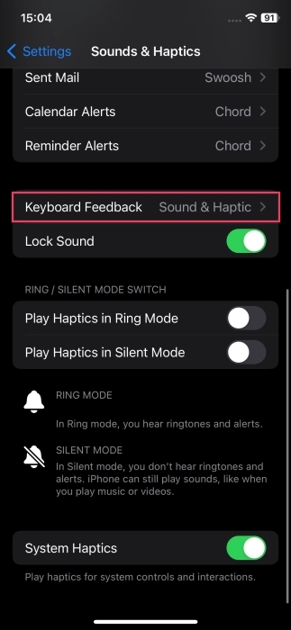 Selecting "Keyboard feedback" option in iPhone Settings.
