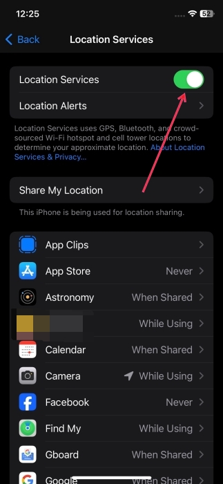 Toggling on "Location Services" switch in iPhone Settings.