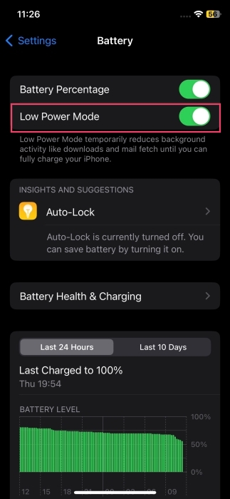 Turning on "Low Power Mode" for iPhone.