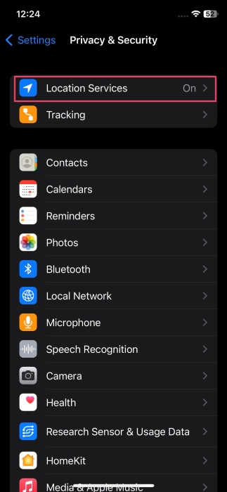 Navigating to "Location Services" in iPhone Settings.