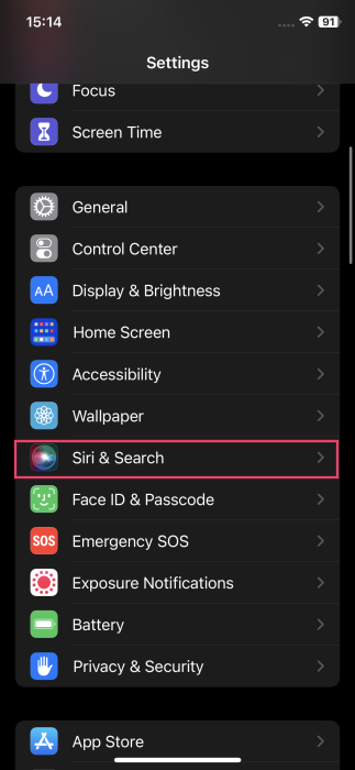 Tapping on "Siri & Search" in iPhone Settings.