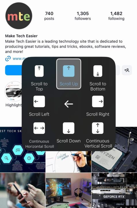 Screenshot of Instagram with the iPhone's eye-tracking panel enabled, offering different scroll options to choose from. 