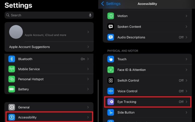 Screenshots of the iPhone's settings, highlighting the Accessibility settings and its Eye Tracking option.