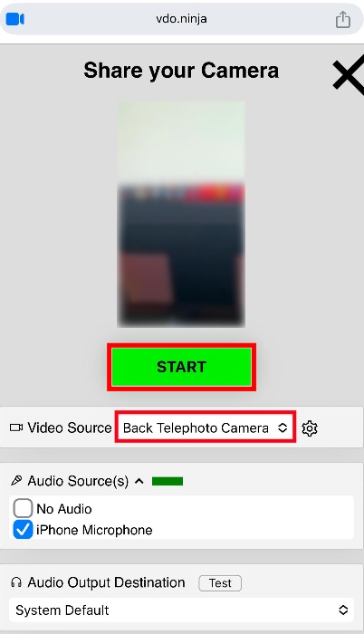 A screenshot on the iPhone, showing the vdo.ninja website open, offering various camera-related options to choose before hitting a big, green START button to begin streaming.
