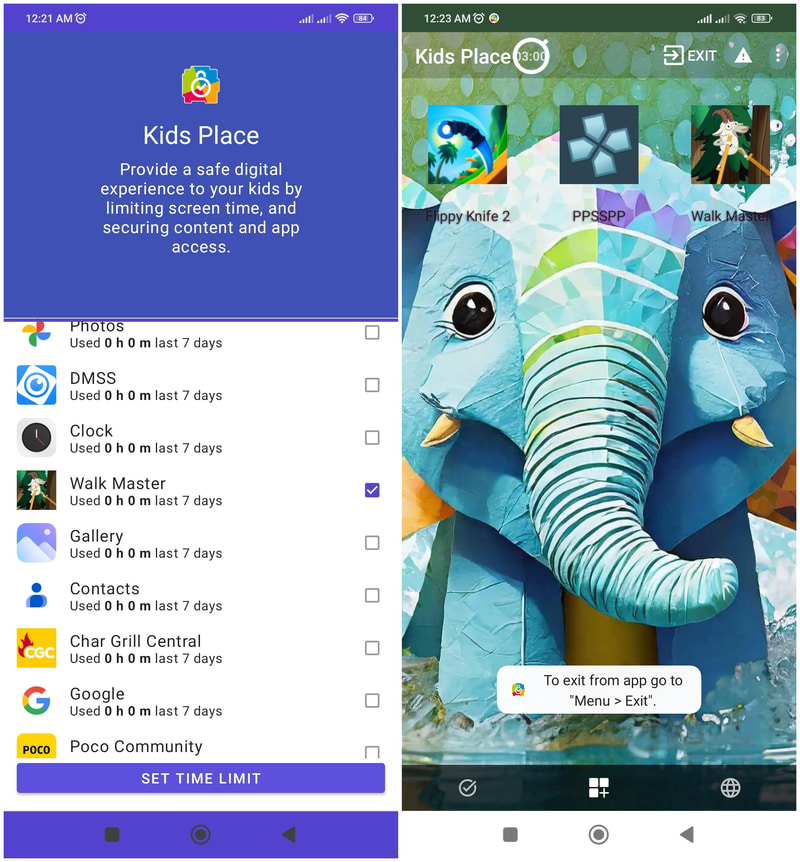 Kids Place apps list on an elephant wallpaper