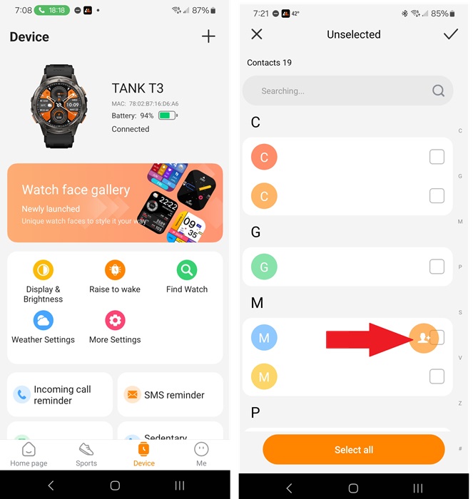 Manually adding contacts on Kospet Fit app.