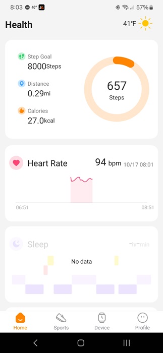 Kospet Fit app with health tracking data.