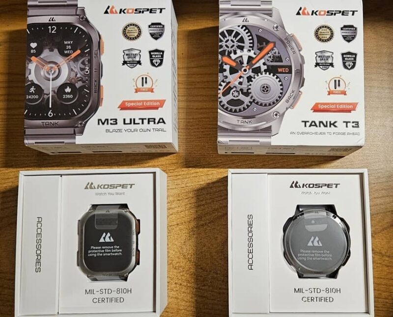 Kospet Tank M3 Ultra and Kospet Tank T3 watches in boxes.