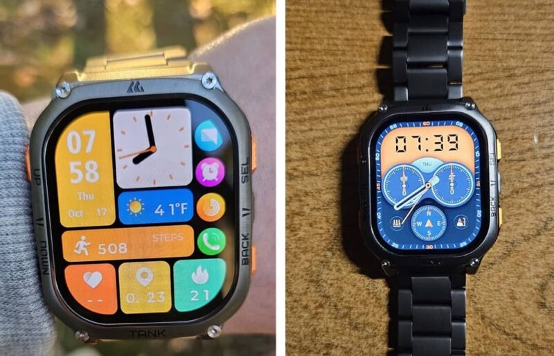Two different watch faces on the Kospet Tank M3 Ultra.