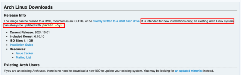 A screenshot highlighting the rolling release design of only needing to be installed once.